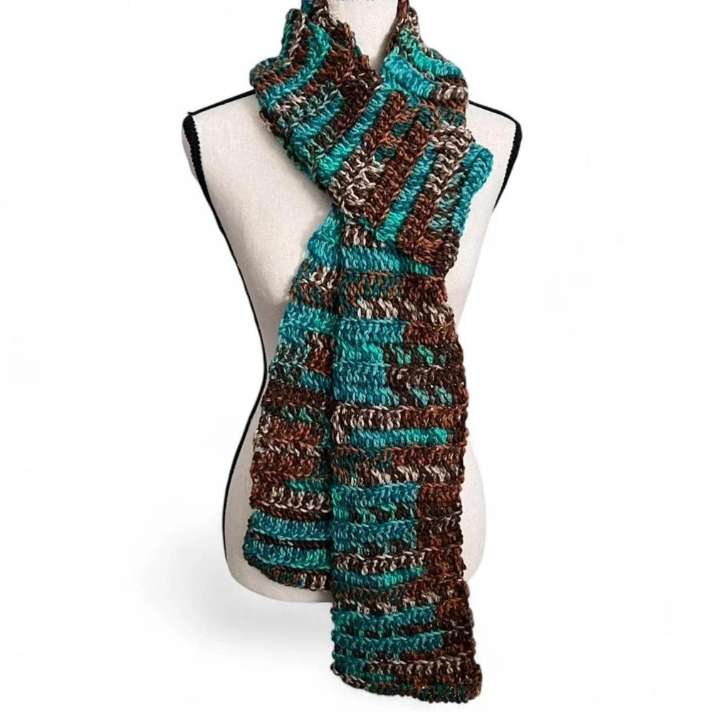 Handmade Women's Crochet Scarf Brown and Teal New Acrylic Warm Cozy Winter